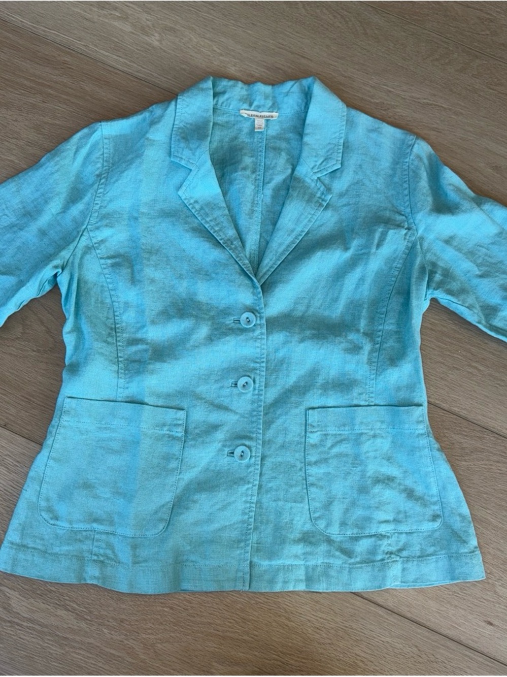 Eileen Fisher Teal Linen Blend Three-Button Blazer